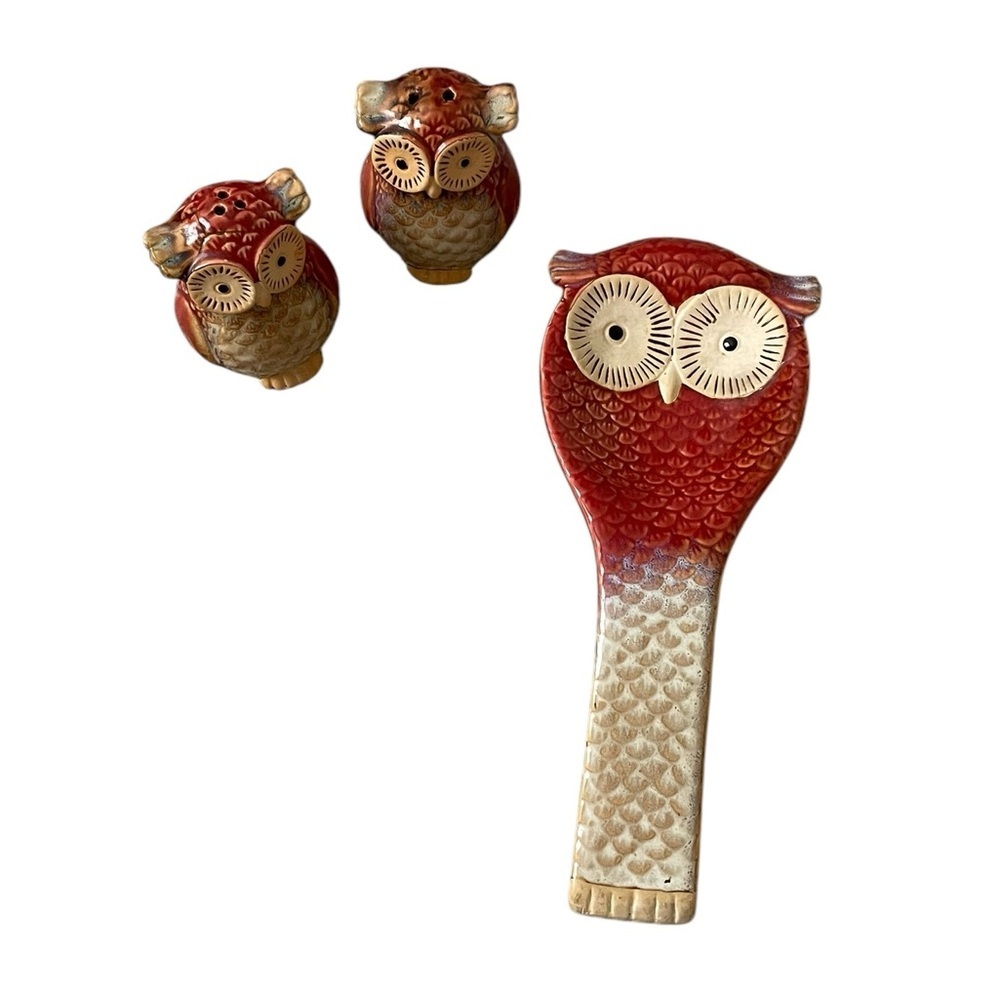 Meritage Stoneware Red Owl Spoon Salt Pepper Beautiful Glaze High Quality